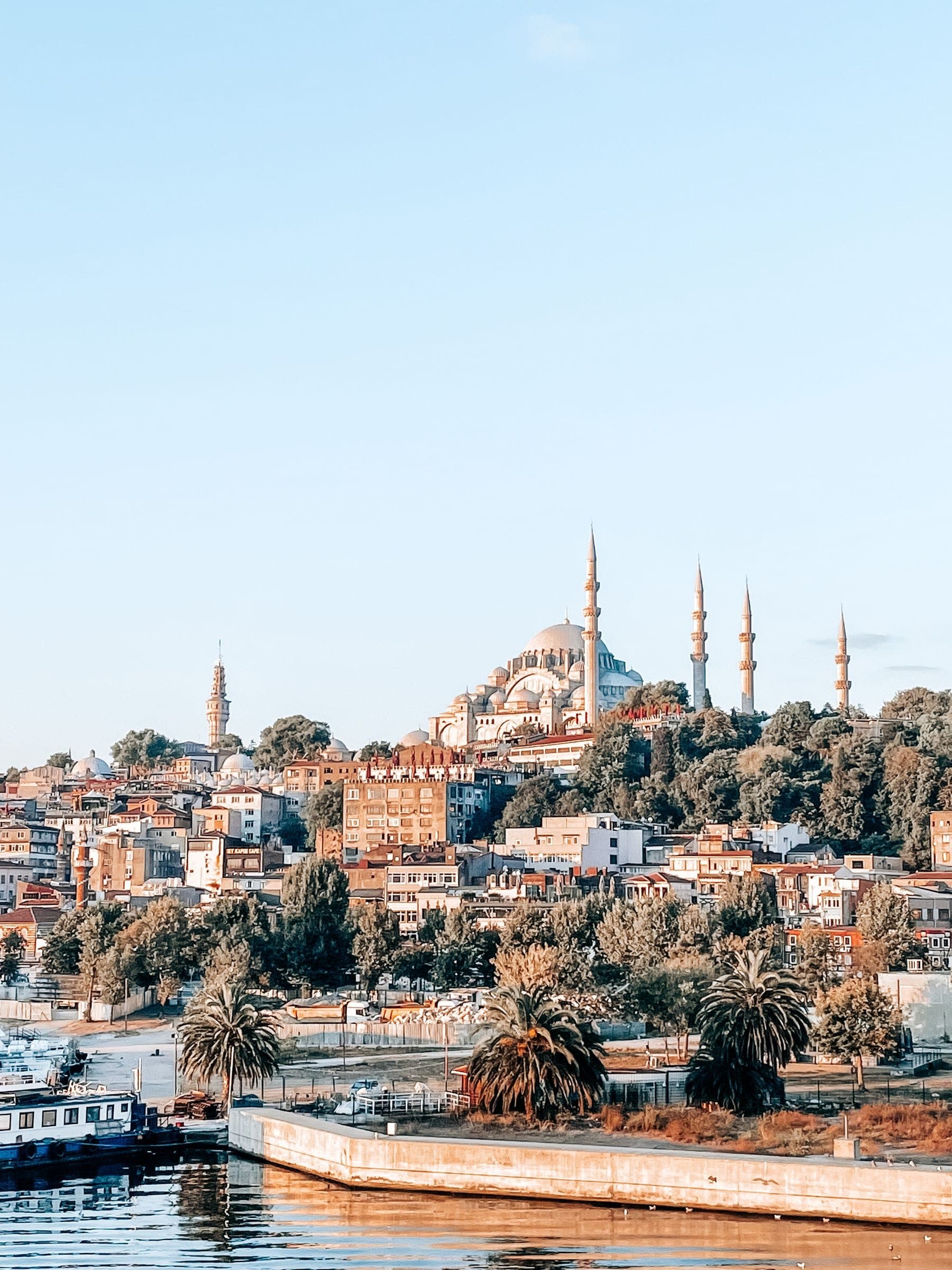 Süleymaniye Mosque above the Golden Horn waterfront in Istanbul under a pale sky
